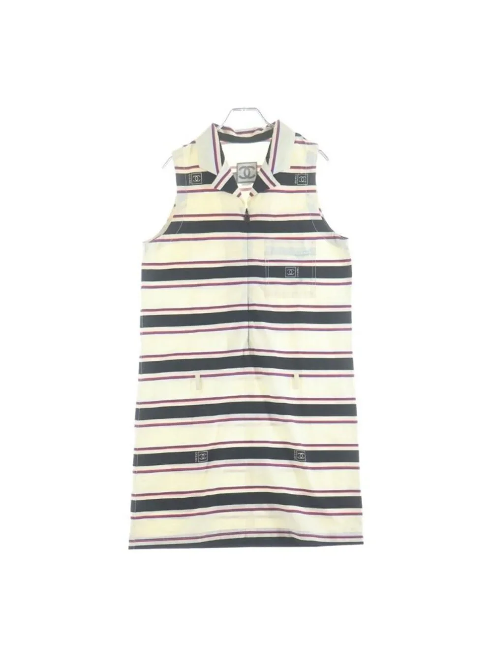 Chanel Multi Border Front Zip Sleeveless Dress Beige